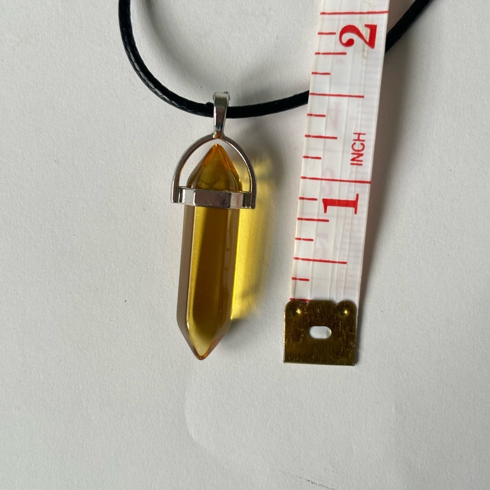 Citrine colour hexagonal chakra pendant on black leather cord necklace men women - Picture 3 of 3
